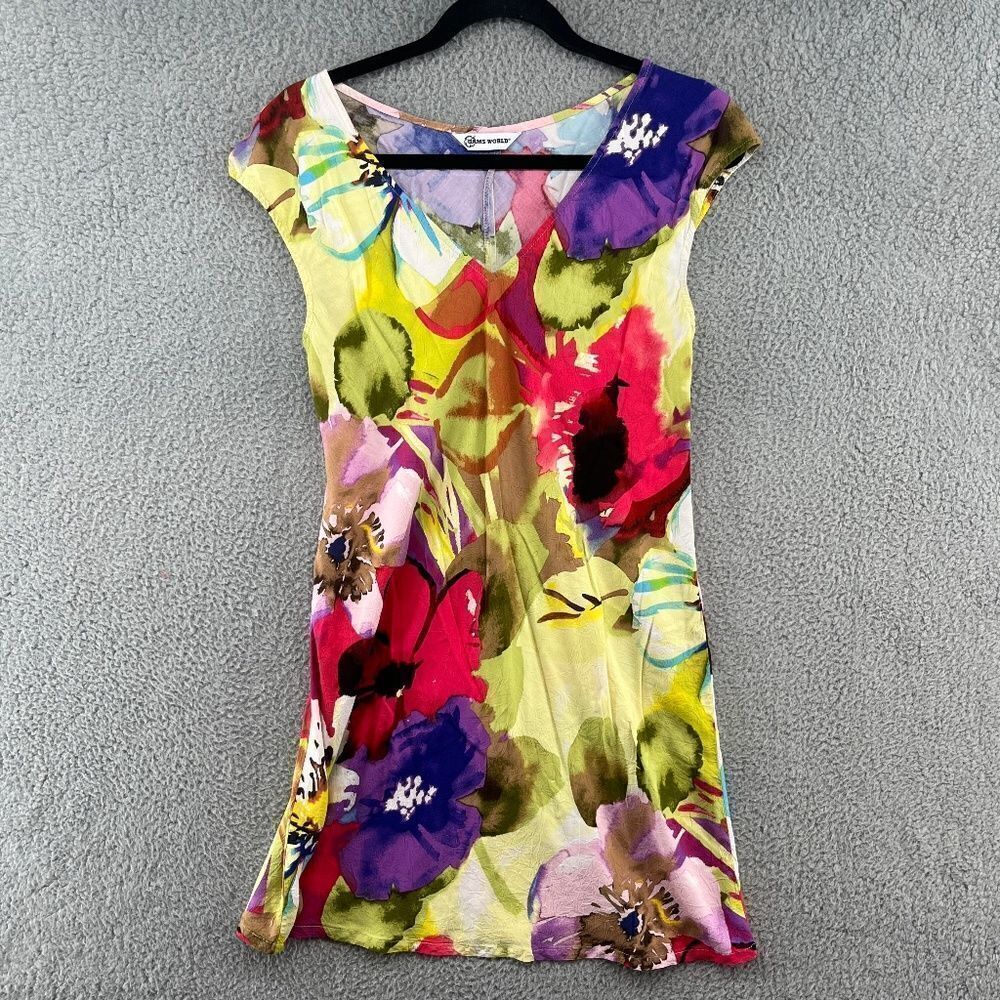 Jams World Bright Floral Scoop Neck Mini Dress in Yellow, Purple, Red